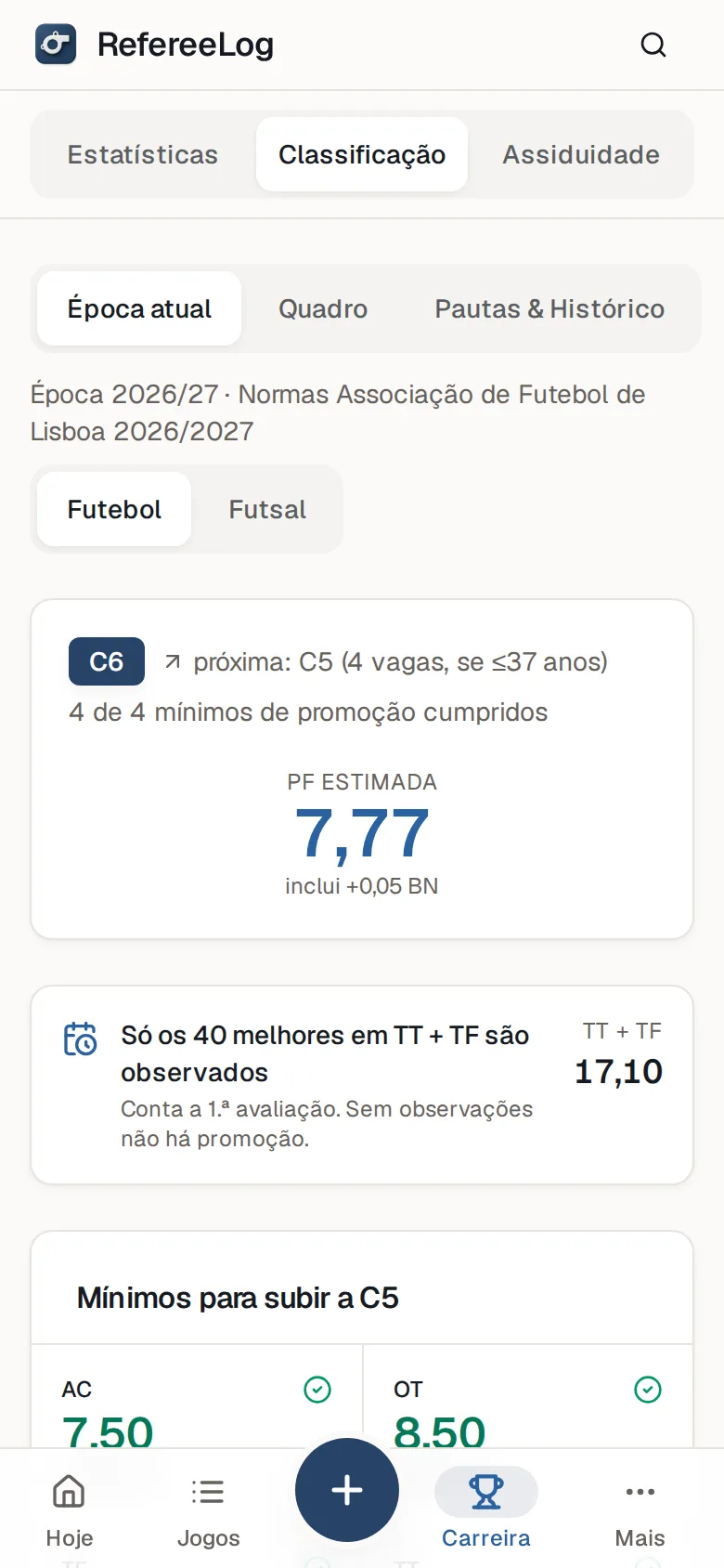 Classificação na app RefereeLog, com dados de exemplo