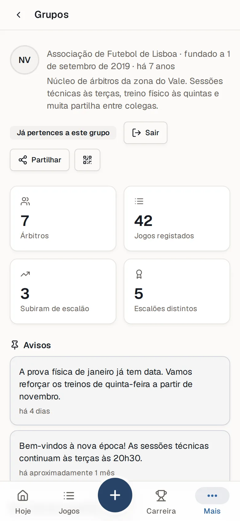 Grupos na app RefereeLog, com dados de exemplo